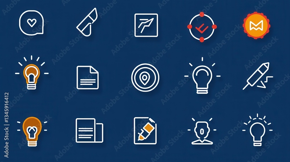 Poster a set of minimalist business and outline icons including elements like a lightbulb calendar and clip