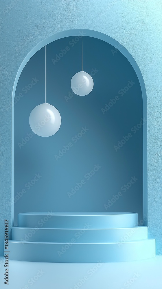 Poster A serene blue archway features two glossy white spheres suspended above curved steps. This minimalist design invites creativity while emphasizing calmness and elegance in an artistic setting