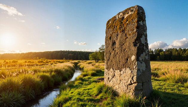 Solitary ancient standing stone in serene field, historical symbolism