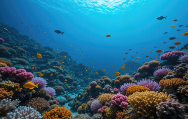 Fototapeta premium Exploring Colorful Coral Reef with Fishes Underwater Marine Life View