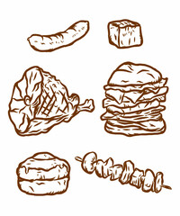 Set of doodle or hand drawing meat on white background