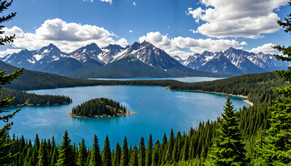 le paysage majestueux d'un lac entour&eacute; de montagnes enneig&eacute;es et de for&ecirc;ts luxuriantes