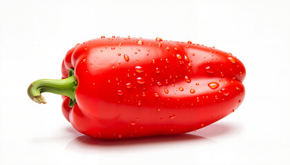 Vibrant red bell pepper with water droplets on white background, freshness and simplicity