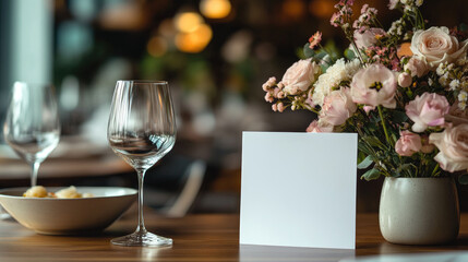 Blank wedding invitation card on an elegant dinner table with floral arrangement, wine glasses, and candlelight. Ideal for wedding receptions, formal events, or restaurant branding. Banner,copy space.