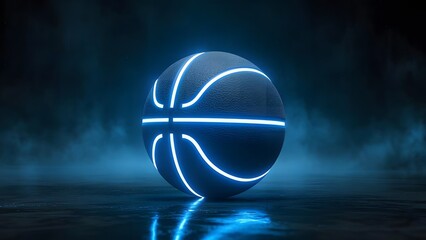 basketball with glowing blue edges, close-up shot, dark background