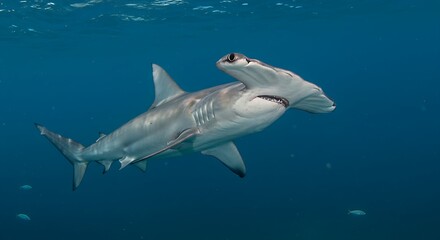 Fototapeta premium A hammerhead shark with its distinctive wide, hammer-shaped head and powerful body.