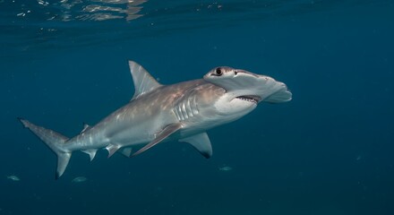 A hammerhead shark with its distinctive wide, hammer-shaped head and powerful body.