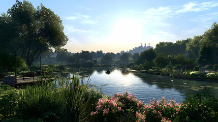 Obraz premium Picturesque Park Scene Featuring Serene Lake Reflecting Trees Under Bright Sunlight with Pink Flowers in Foreground