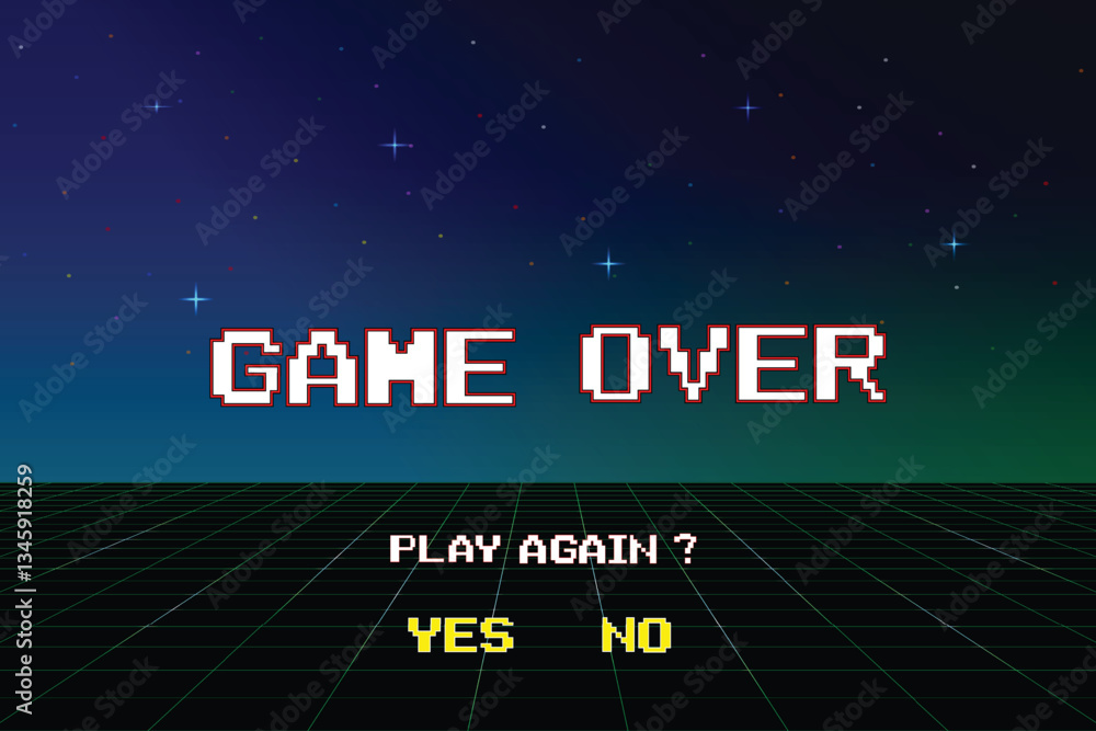 Poster game over, retro games for game assets in retro futuristic sci-fi background vector illustration. gl