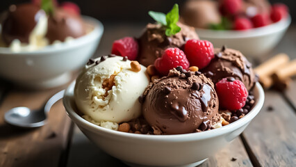 Multi-flavor ice cream with fruit toppings and Premium background