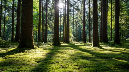 Fototapeta premium Sunlit forest floor, moss covered, tall trees