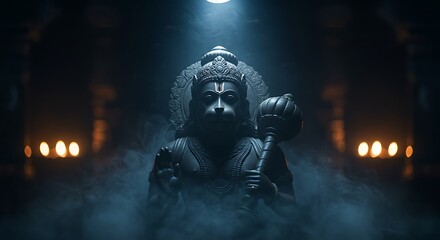 Fototapeta premium Mystical rendition of Hanuman statue engulfed in serene spiritual haze