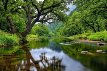 Fototapeta premium A sacred river glowing with ethereal energy, reflecting the sky divine power