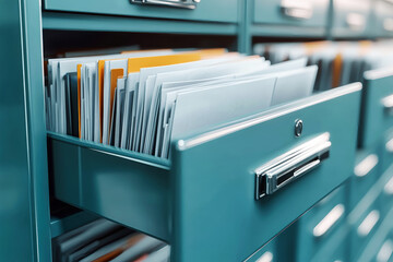 Organization and Clarity in a Workspace Enhanced by a Turquoise Filing Cabinet