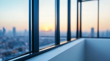 Fototapeta premium Sunrise reflection over urban skyline modern high-rise photography serene atmosphere interior viewpoint tranquil cityscape