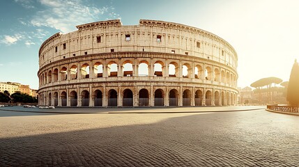 Naklejka premium Coliseum in Rome bathed in sunlight, showing architectural detail and the background city