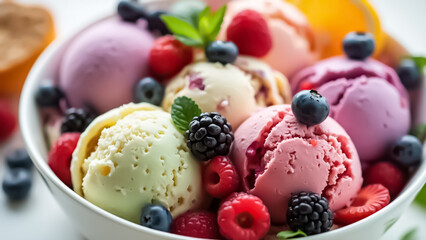 Keeping of ice cream flavor whit unused blueberry, strawberry, kiwi, lemon, vanilla setup on common foundation. Video animation