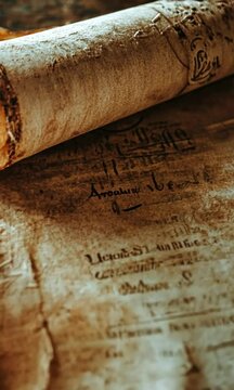 A close up shot of an old scroll with faded handwriting and textures.