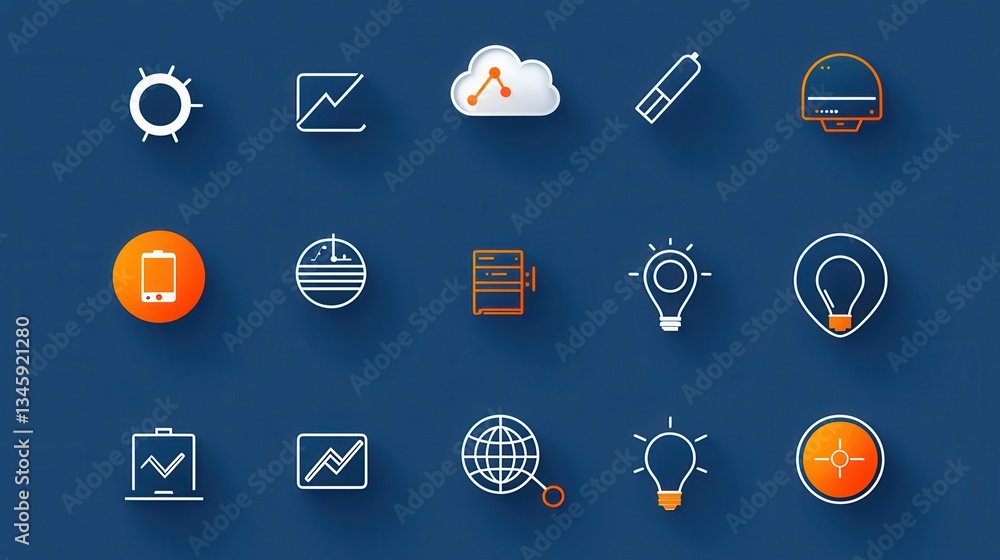 Poster a collection of 15 minimalist outline icons representing various data center related concepts and te