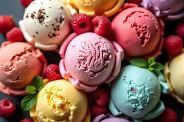 Keeping of ice cream flavor whit unused blueberry, strawberry, kiwi, lemon, vanilla setup on common foundation. Video animation