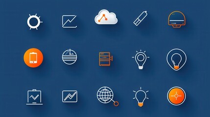 A collection of 15 minimalist outline icons representing various data center related concepts and technologies including servers clouds networks and digital infrastructure