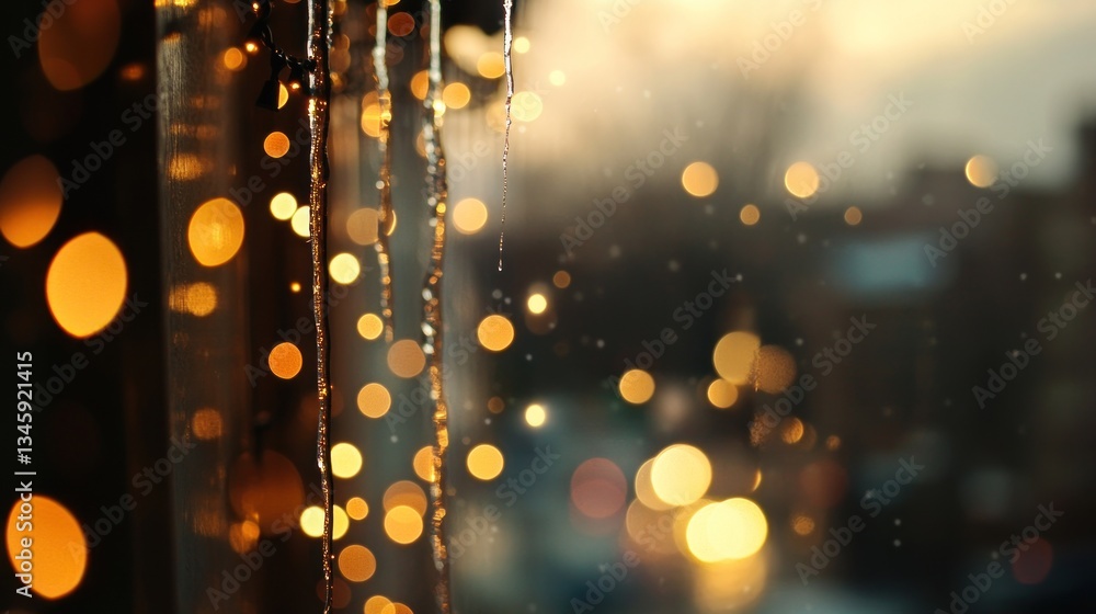 Poster icicles melting on a window with blurry city lights and bokeh at sunset.