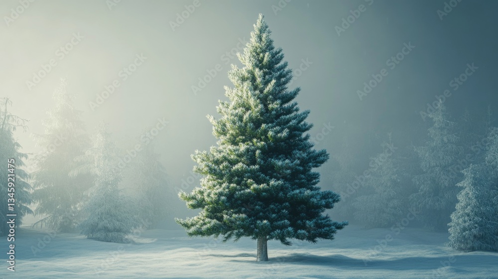 Poster a single pine tree stands alone in a vast snowy field, surrounded by winter landscape