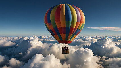 Fototapeta premium A colorful hot air balloon floats gracefully above fluffy white clouds against a clear blue sky.