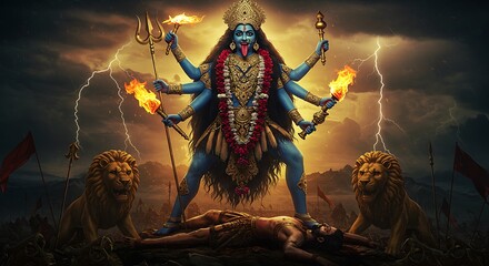 Majestic depiction of the Hindu goddess Kali standing above a defeated figure