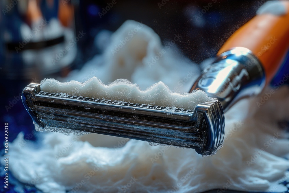Poster a detailed view of a razor lying flat on a table surface, ready for use