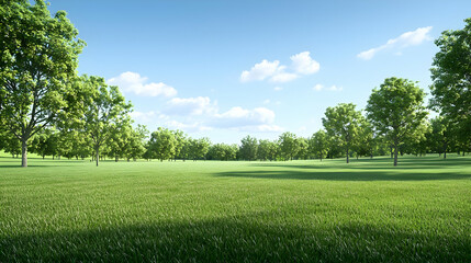 Green Field With Lush Grass And Numerous Trees Under Blue Sky At Daytime