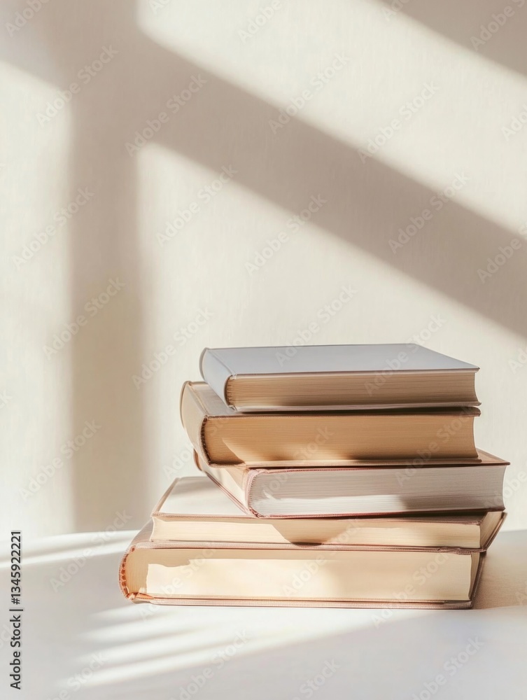 Poster A stack of books sitting on a table with a flat surface and a slight reflection
