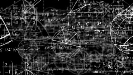 Digital geometric, physical formulas and mathematical symbols move in front, to tcamera with blur. Scientific concept with alpha channel. Motion design element for overlaying on video using luma mask. - Powered by Adobe