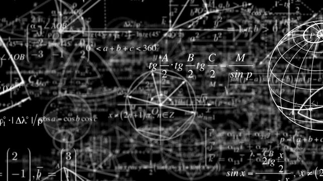 Digital geometric, physical formulas and mathematical symbols move in front, to tcamera with blur. Scientific concept with alpha channel. Motion design element for overlaying on video using luma mask.