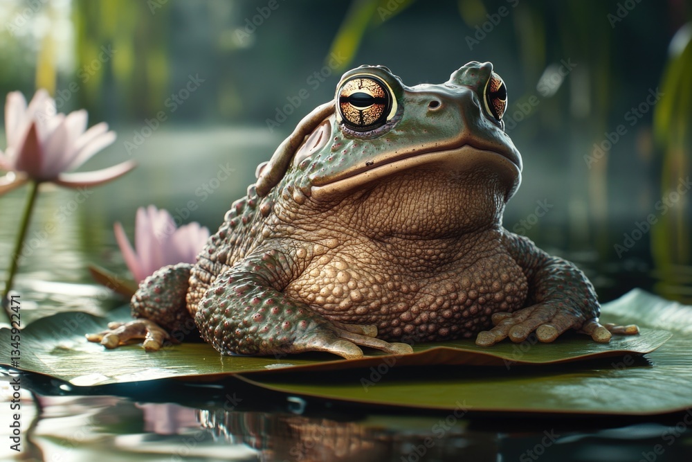 Poster a frog sitting on a leaf floating on the surface of a calm pond