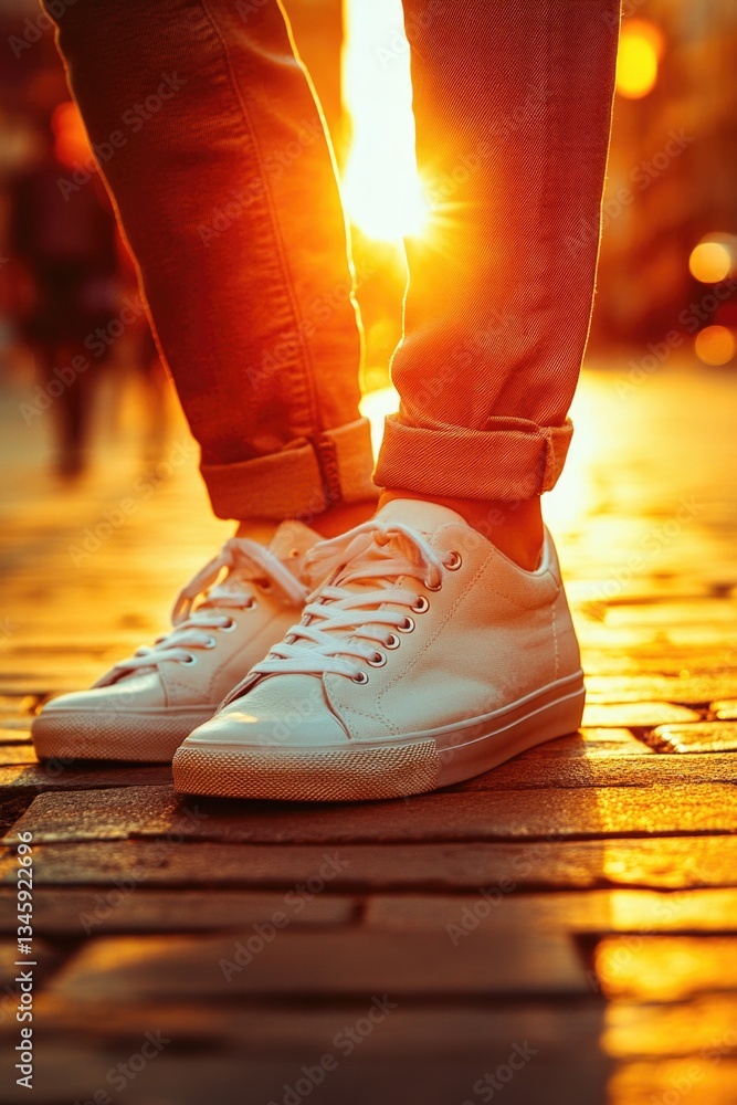 Poster a person stands on a cobblestone street as the sun sets in the background, creating a warm glow