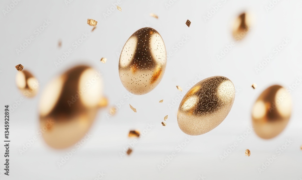 Poster floating golden eggs with sparkling texture and shimmering dust against a soft white background idea