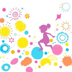 Playful silhouette of a child surrounded by colorful suns and shapes