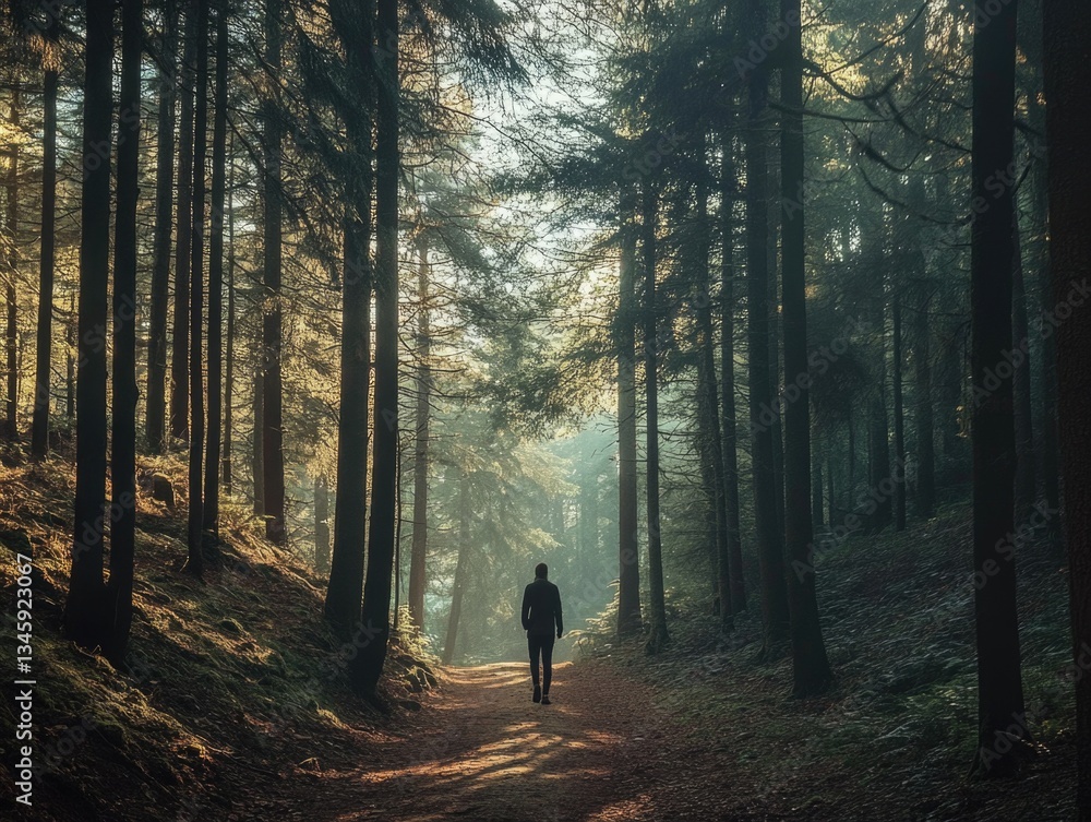 Poster a person walks along a winding path through dense woods, surrounded by trees and underbrush