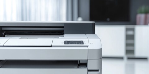 A printer sitting on a white table, ready for use