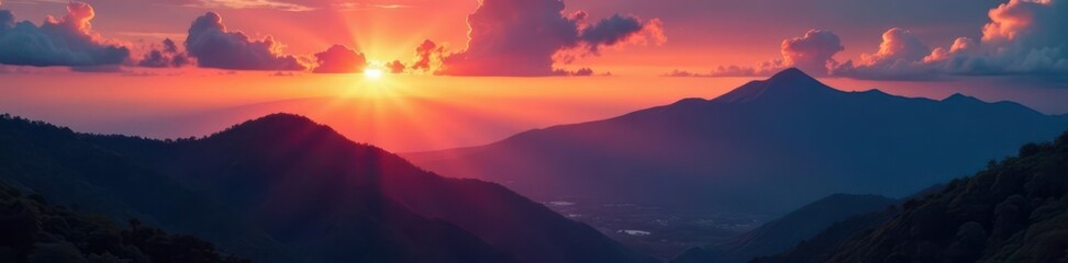 Fototapeta premium Dramatic sunset landscape, Phu Kradueng's majestic Mak Duk Cliff Vibrant sky , scenic, sunset