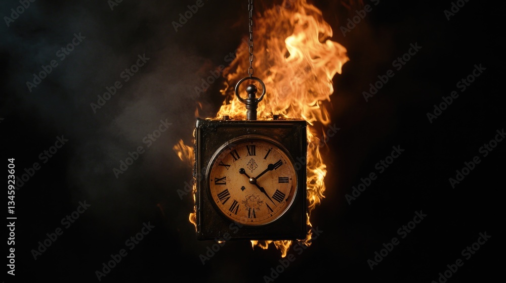 Poster a clock suspended by a chain in front of a fire, conveying a sense of urgency