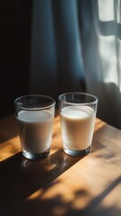 Simple scene with two glasses of milk sitting on a wooden table, great for lifestyle or still life photography