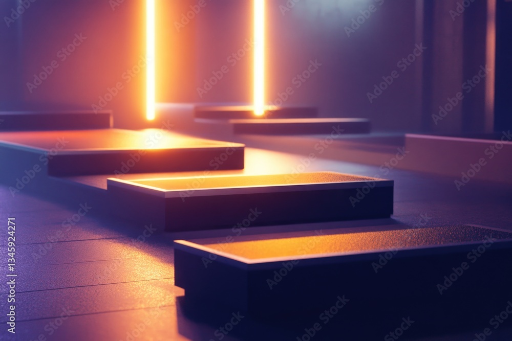 Poster a group of steps illuminated in a dark environment, suitable for use in images about mystery, suspen