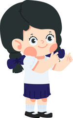 Schoolgirl raises both hands pointing cartoon