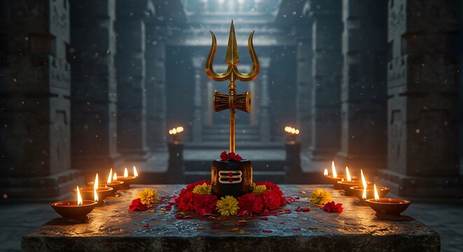 Solemn Shrine Interior with Shiva Lingam and Trident Amidst Candlelight