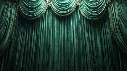 Elegant green velvet stage curtains drape open in a theater setting, creating a dramatic and luxurious ambiance