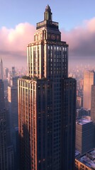 Naklejka premium Skyscraper view showcasing office building with city skyline and sunset ambiance background, commercial use