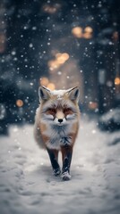 Obraz premium Red Fox Walking Winter Snow Forest.