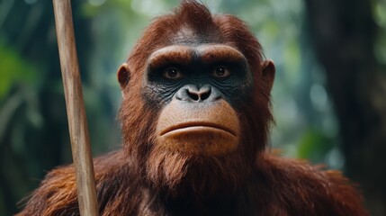Fototapeta premium Realistic depiction of a prehistoric humanoid figure in a lush jungle setting
